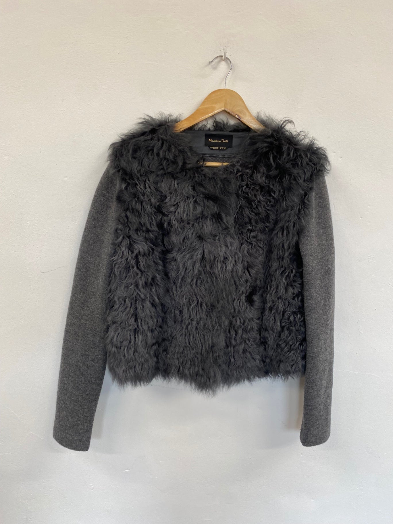 Fabulous Massimo Dutti real sheepskin Leather jacket UkXL Grey Soft wool sleeves GM143