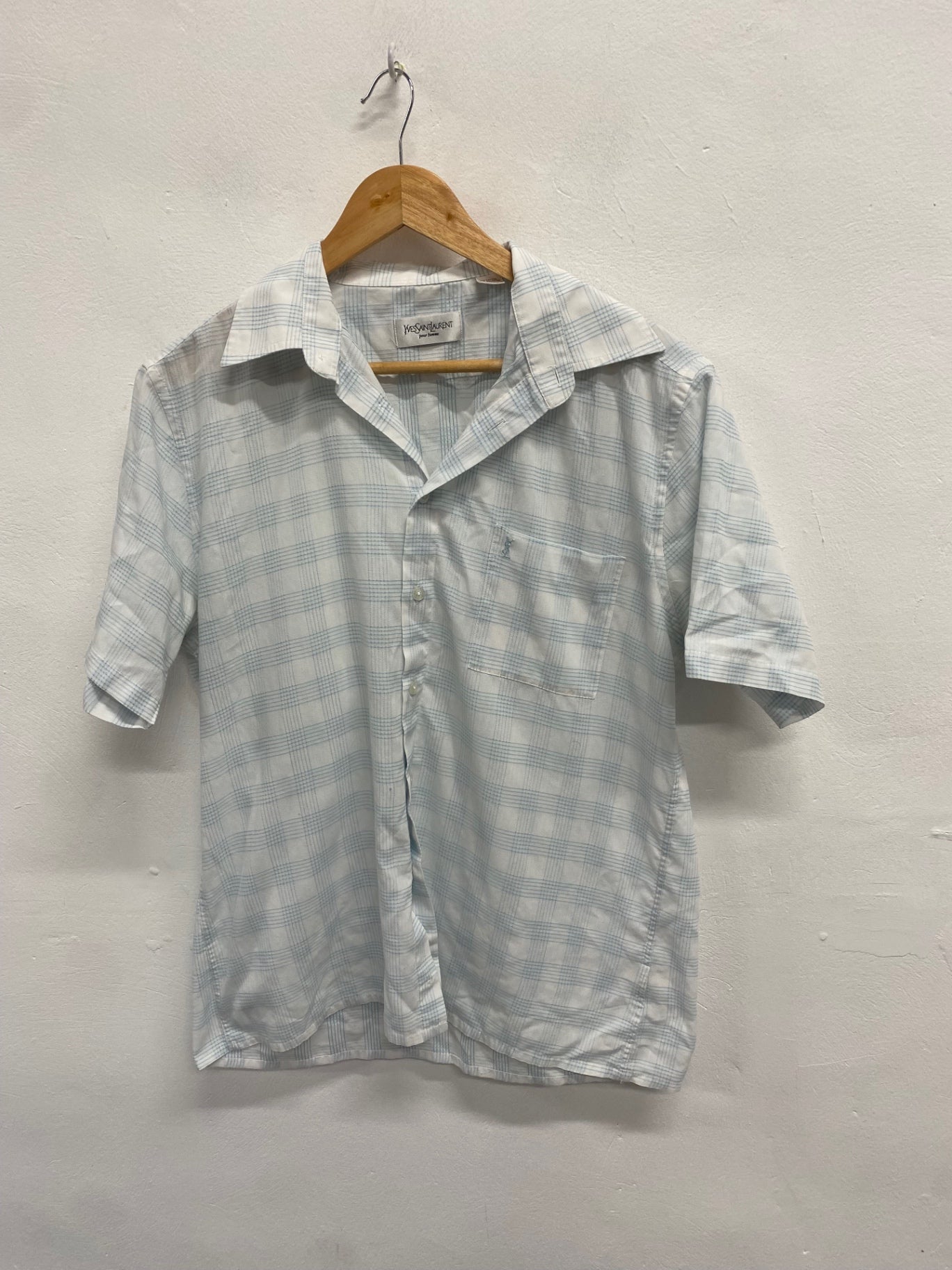 Classic Yves Saint Laurent Shirt UK L White blue checked cotton GM143 