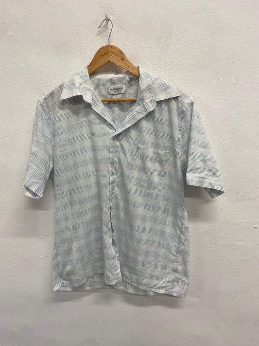 Classic Yves Saint Laurent Shirt UK L White blue checked cotton GM143