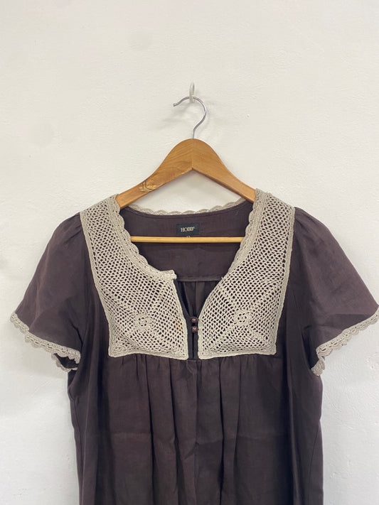 Fabulous HOBBS linen boho cottage core Dress UK 12 Brown beige SW461