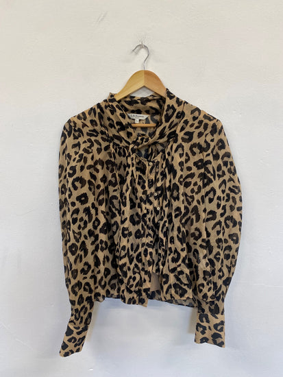 Fabulous L.K. Bennett Silk Pussy bow animal print Blouse Uk16 Beige & Black jF463