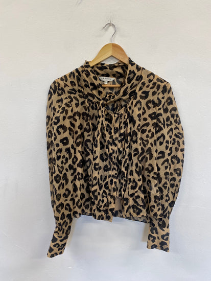 Fabulous L.K. Bennett Silk Pussy bow animal print Blouse Uk16 Beige & Black jF463