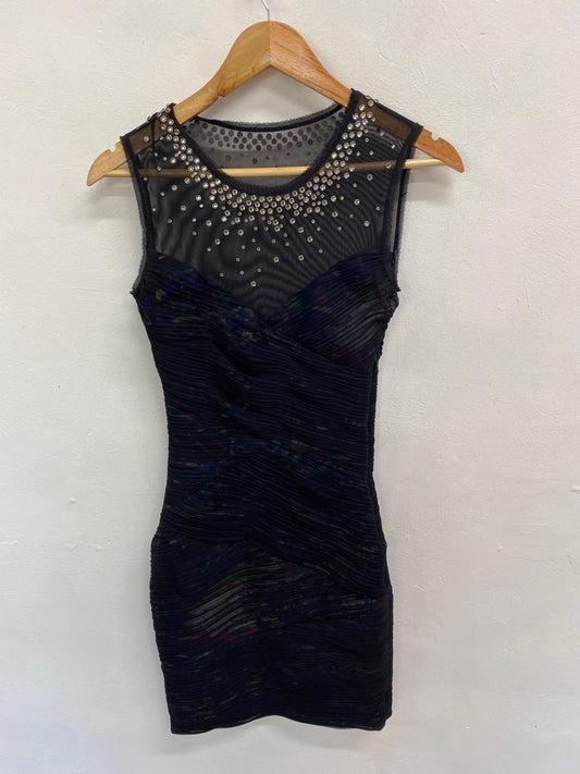 Fabulous BCBG Maxazria Mini dress UK XS Black mesh sequin party TG465