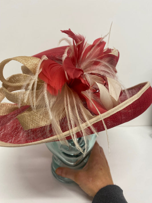 Fabulous Jacques Vert floral Occasion Hat One size Red & beige AS466