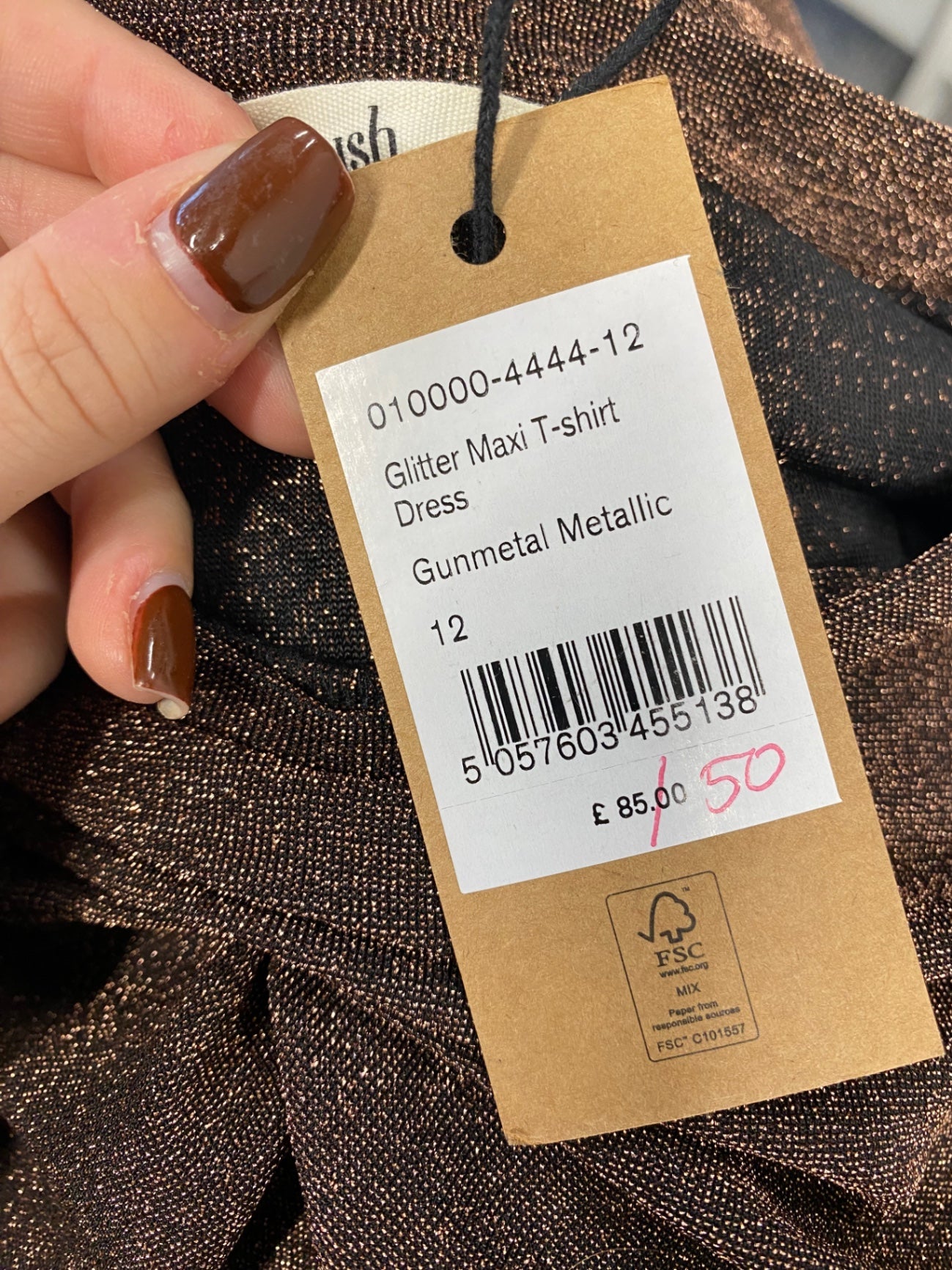 Fabulous Reiss Dress UK 12 Brown metallic glitter maxi T-shirt dress EP468