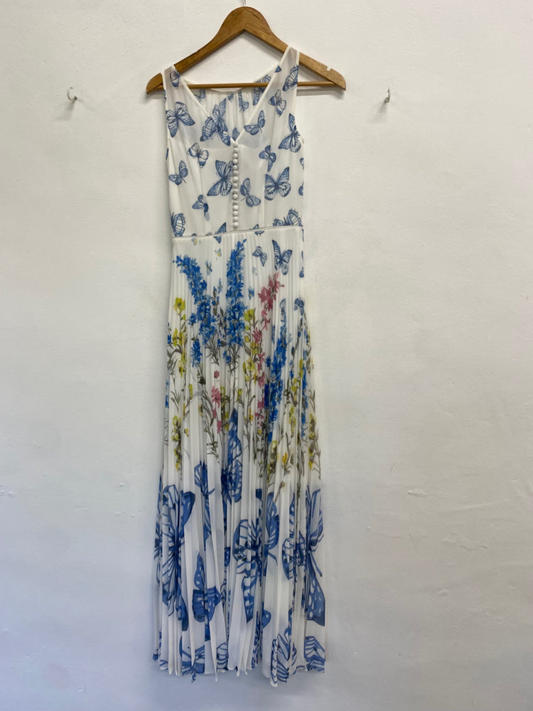 Fabulous Hobbs gardenia pleated Dress Uk 6 White blue botanical KH001