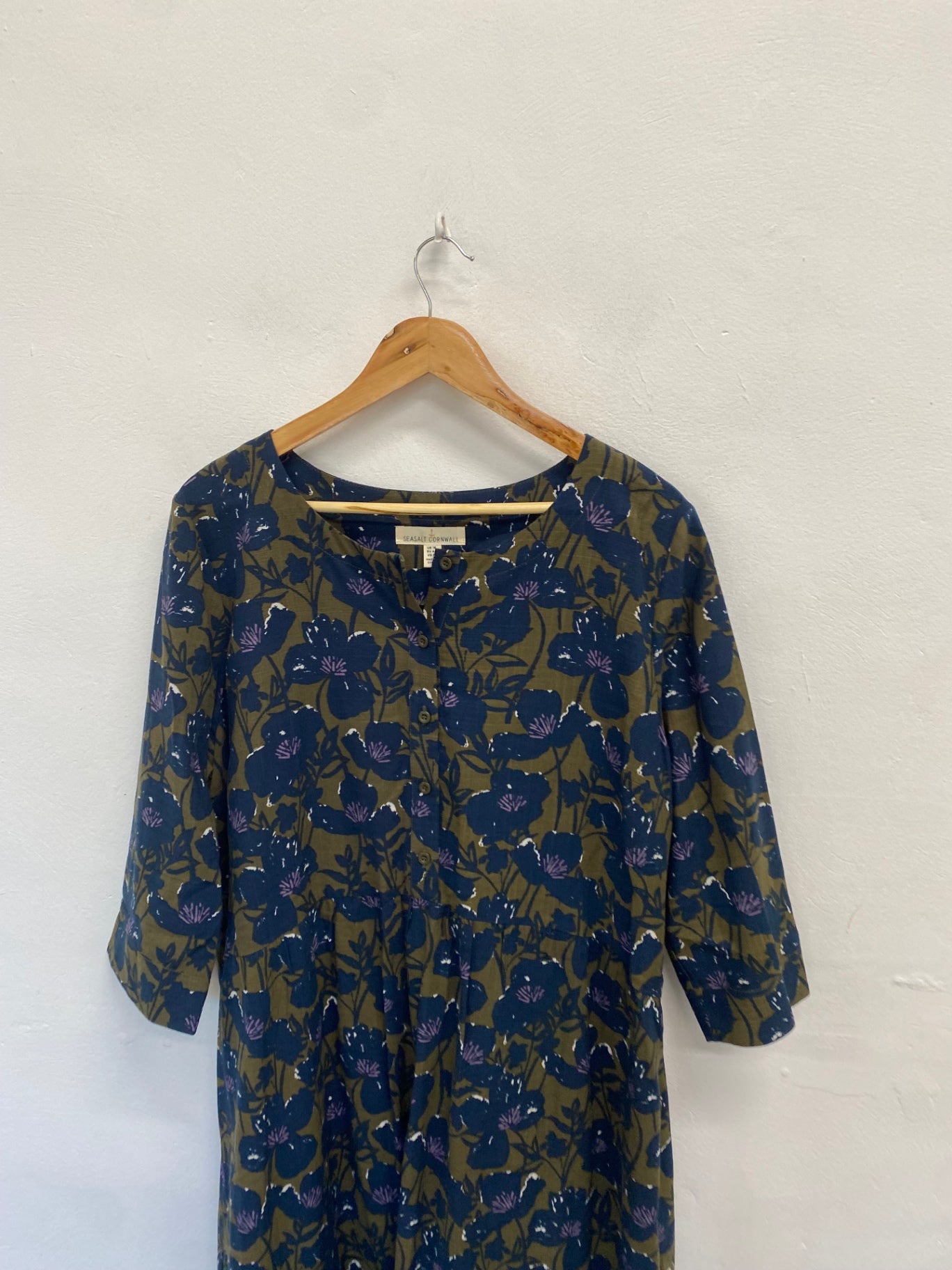 Fabulous Seasalt Dress UK 18 Khaki navy floral millgrain JC470
