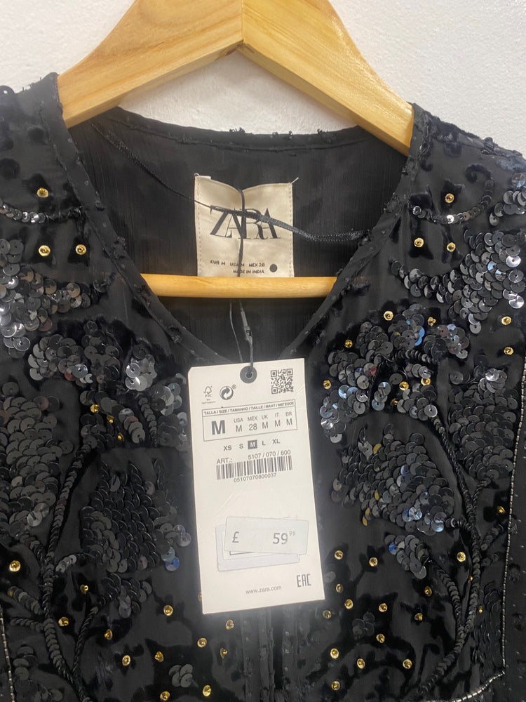 Fabulous Zara sequin open top jacket UkM Black Semi sheer KB474