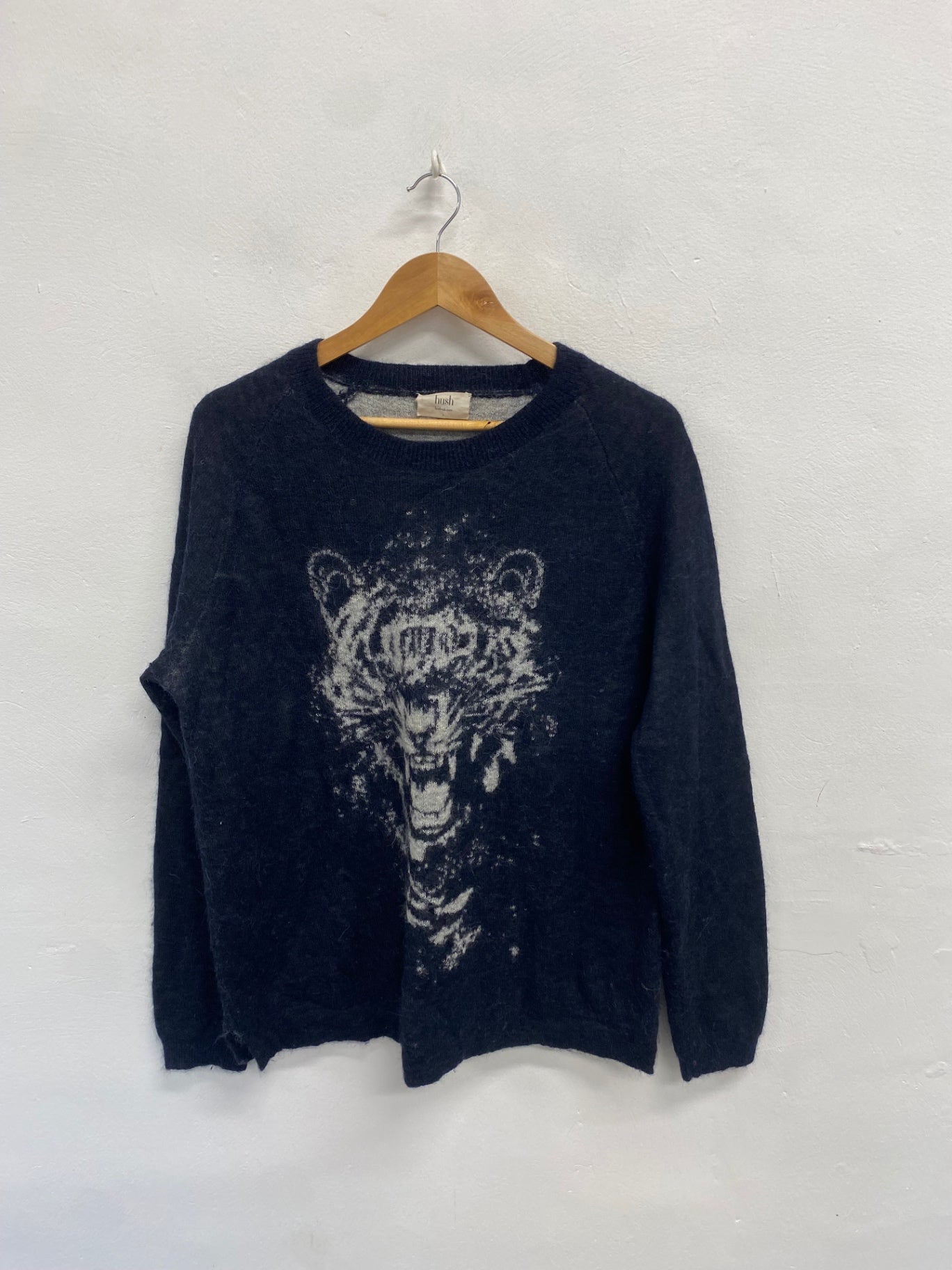 Fabulous Hush tiger alpaca Sweater UK L Navy grey LM004