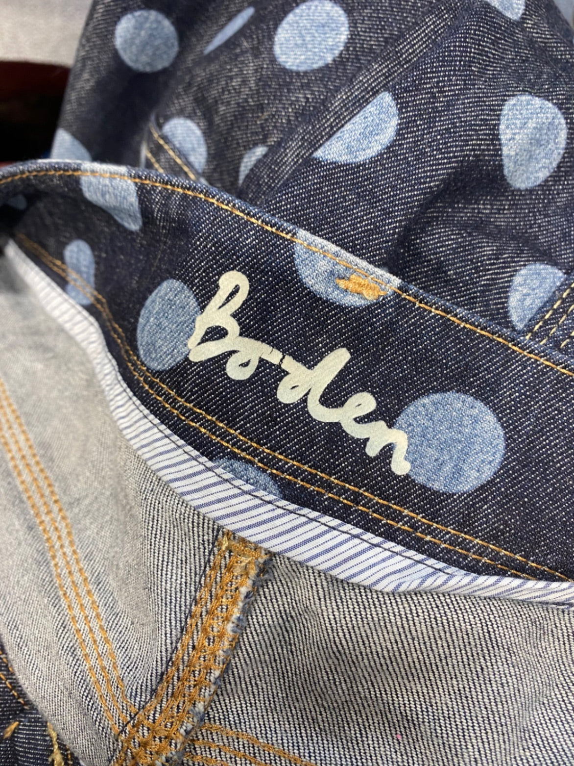 Fabulous Boden denim midi Skirt UK 16 Navy spotted LM004