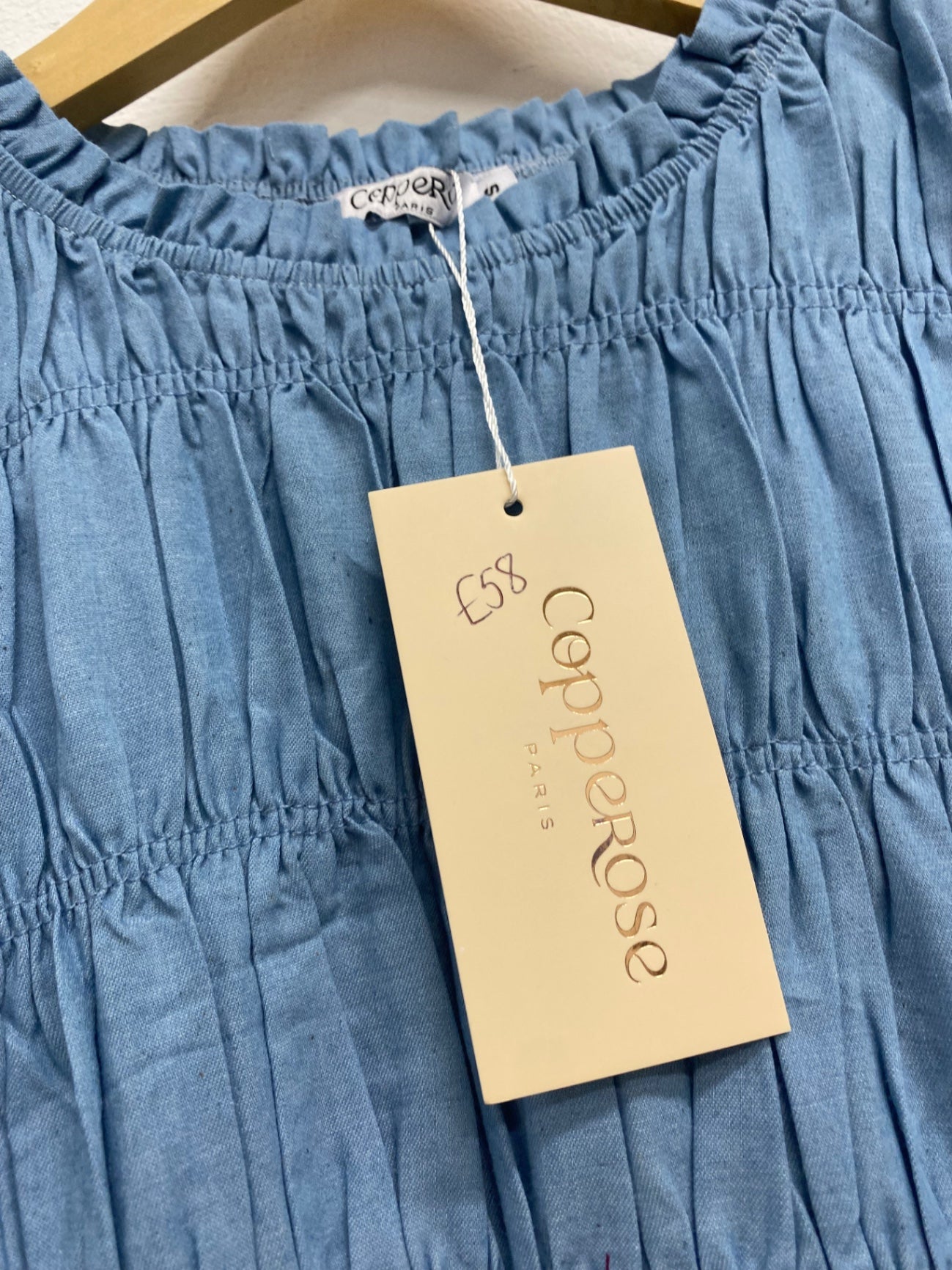 Fabulous Copper rose Maxi Dress UK S Blue Shirred JM478