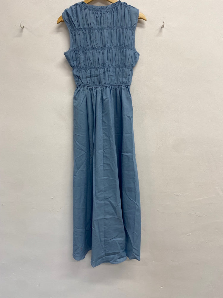Fabulous Copper rose Maxi Dress UK S Blue Shirred JM478