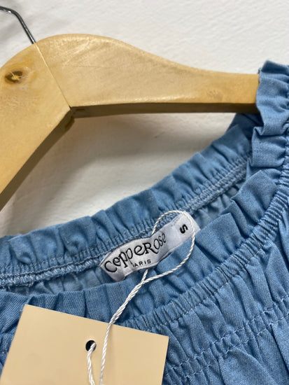 Fabulous Copper rose Maxi Dress UK S Blue Shirred JM478