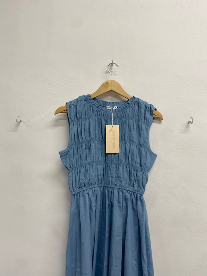 Fabulous Copper rose Maxi Dress UK S Blue Shirred JM478