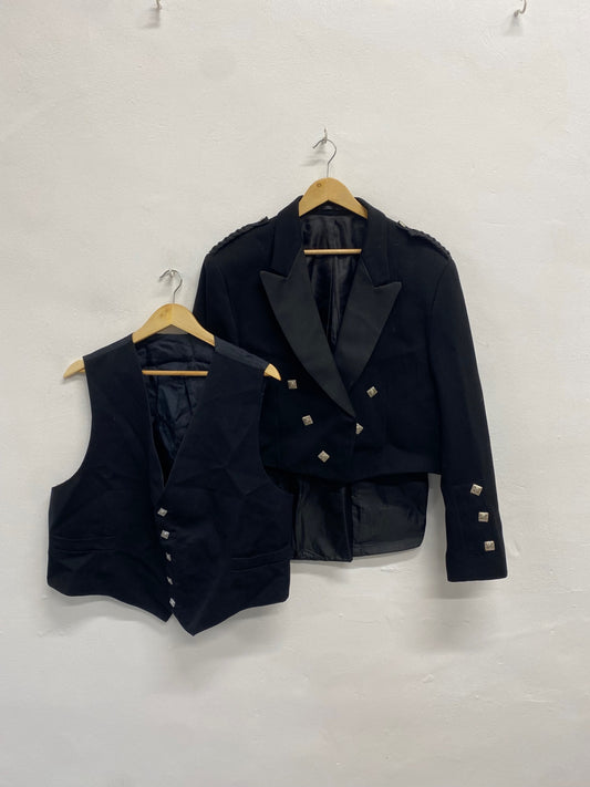 Fabulous traditional kilt jacket waistcoat Prince Charlie ex hire Uk 48 short Black #671 MD001