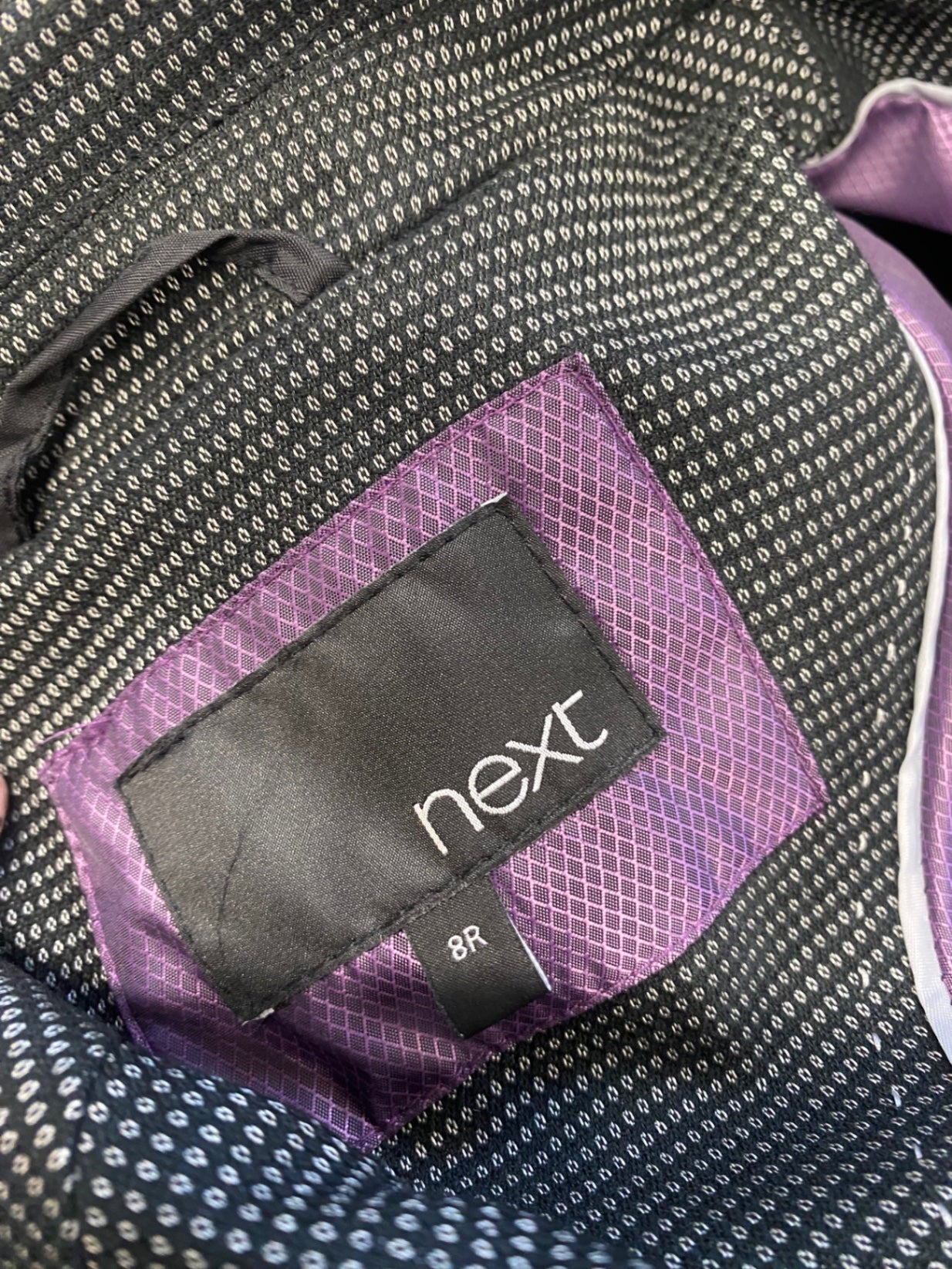 Fabulous Next Suit UK 10 long Grey spotted pattern formal MK482 