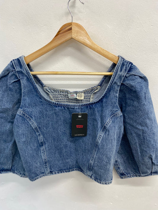 Fabulous Levi's Crop Top UK M Blue denim flare sleeve CP002