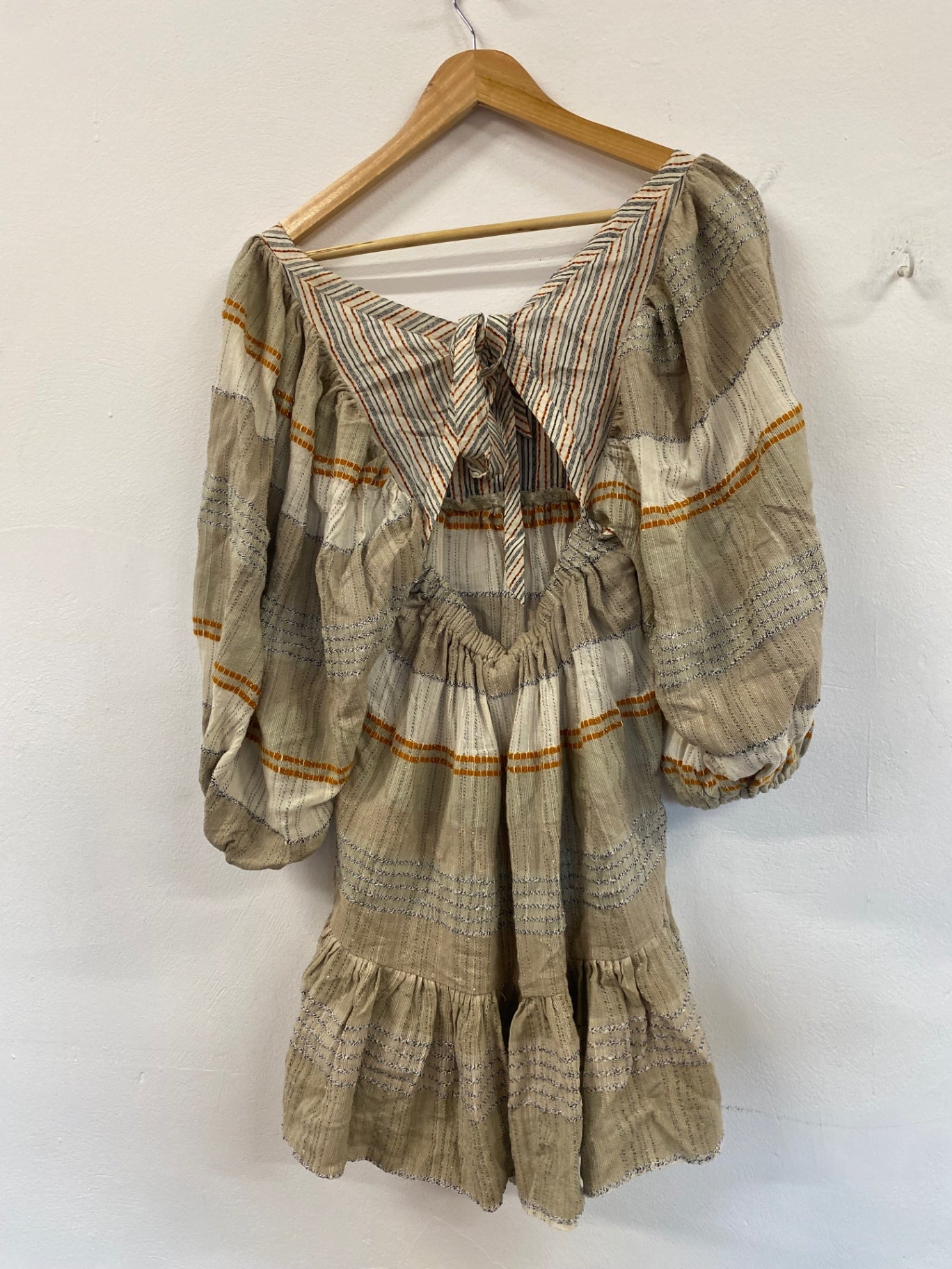 Fabulous FreePeople striped puff sleeve mini Dress UkXS Beige Boho chic CP002