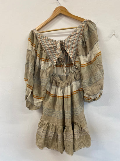 Fabulous FreePeople striped puff sleeve mini Dress UkXS Beige Boho chic CP002