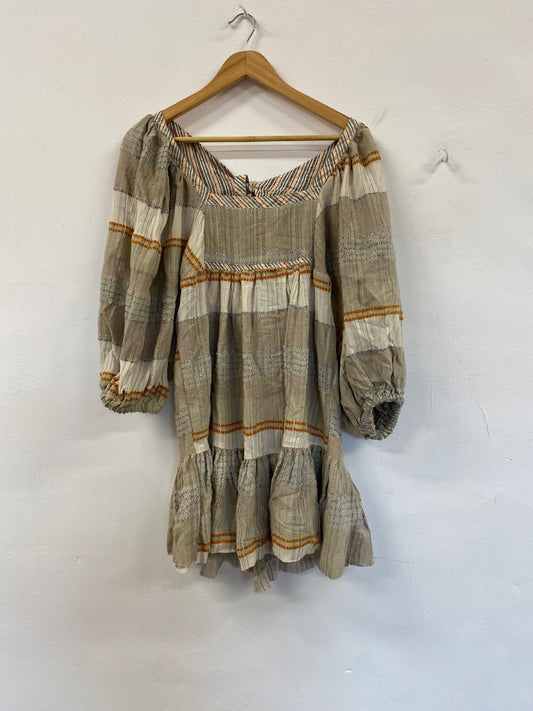 Fabulous FreePeople striped puff sleeve mini Dress UkXS Beige Boho chic CP002
