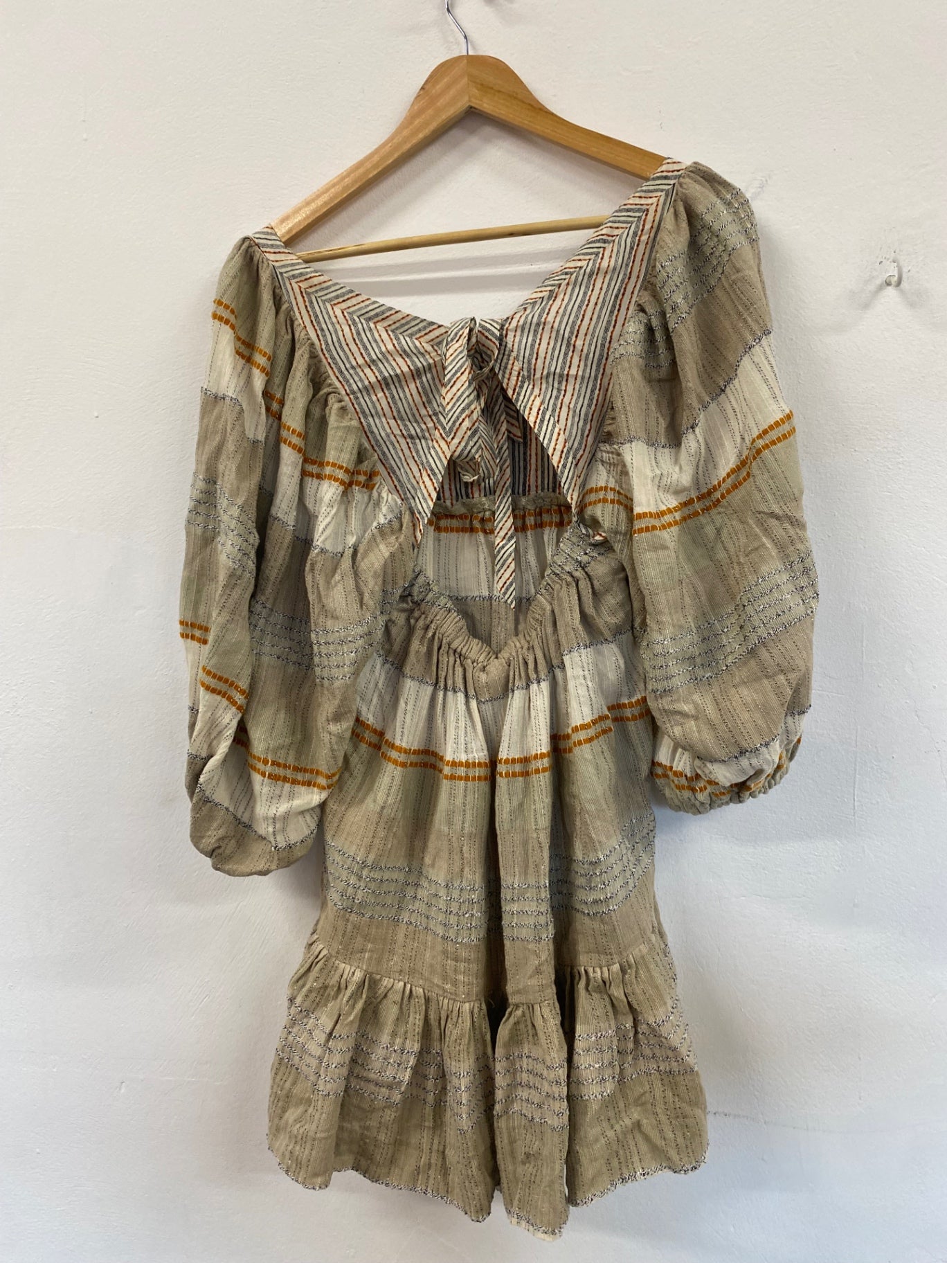 Fabulous FreePeople striped puff sleeve mini Dress UkXS Beige Boho chic CP002