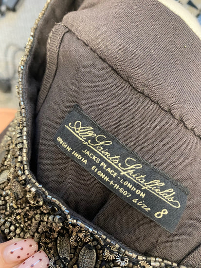 Fabulous All saints Spitalfields Tunic Dress y2k jewel UK 8 Charcoal Grey YS486