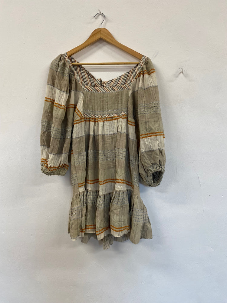 Fabulous FreePeople striped puff sleeve mini Dress UkXS Beige Boho chic CP002