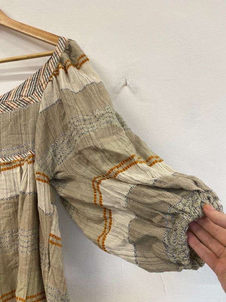 Fabulous FreePeople striped puff sleeve mini Dress UkXS Beige Boho chic CP002