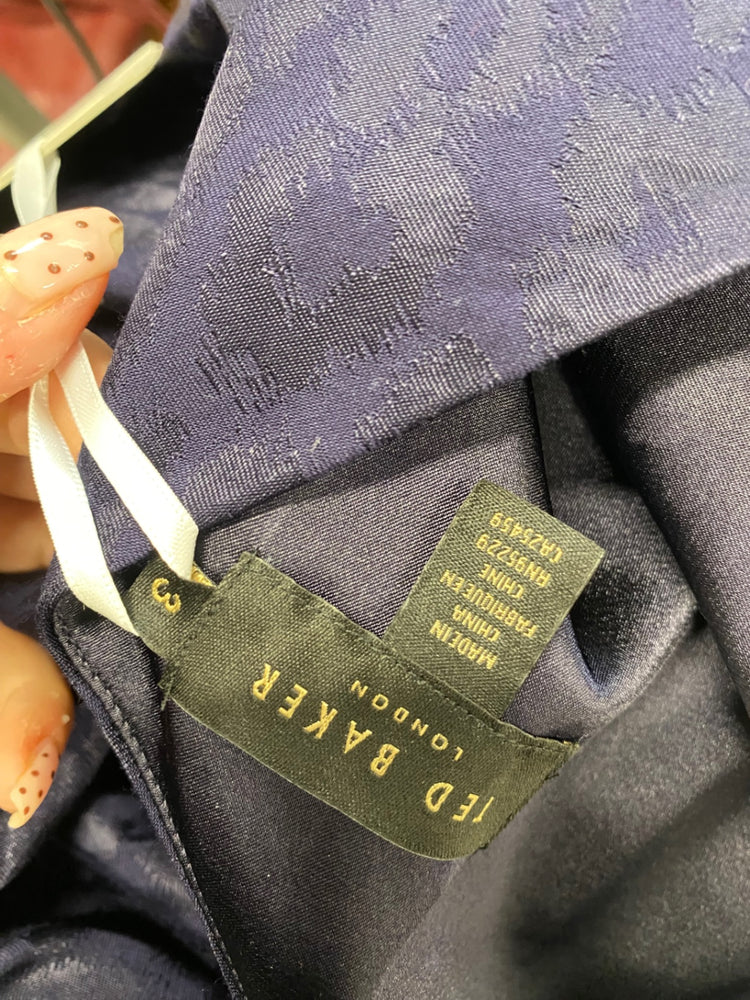 Fabulous Ted Baker evening zoeii Midi Dress UK 12 Navy jaquard GM485