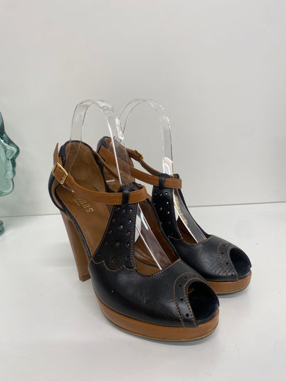 Fabulous Hobbs tooled leather heels Shoes UK4 Black & Tan T bar AC488