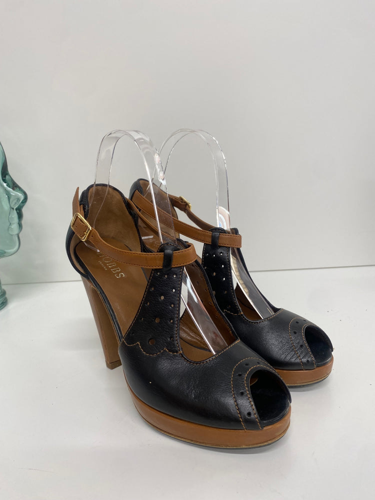 Fabulous Hobbs tooled leather heels Shoes UK4 Black & Tan T bar AC488