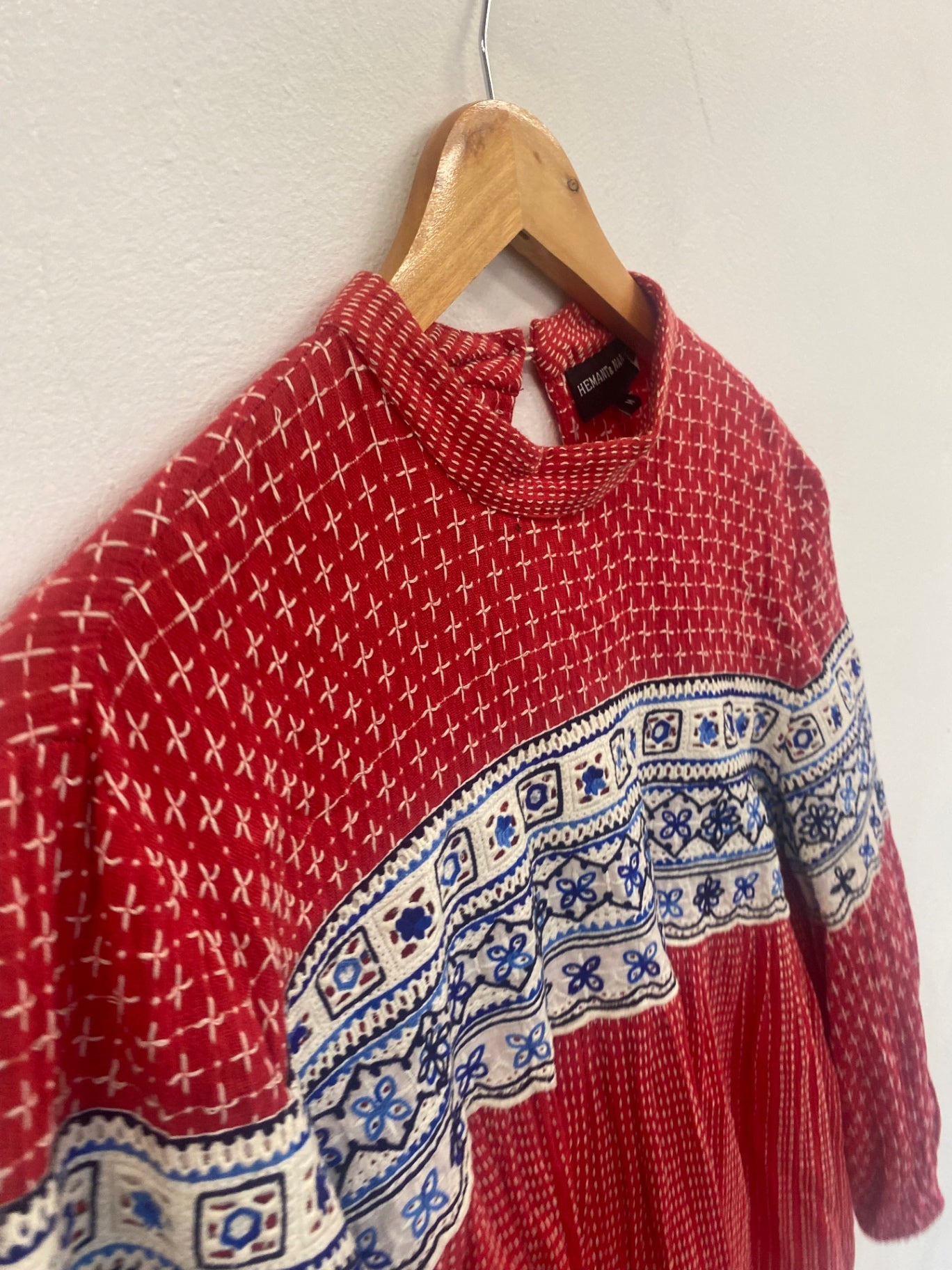 Fabulous Hemant & Nandita smock boho peasant Mini dress UkM Red SH493