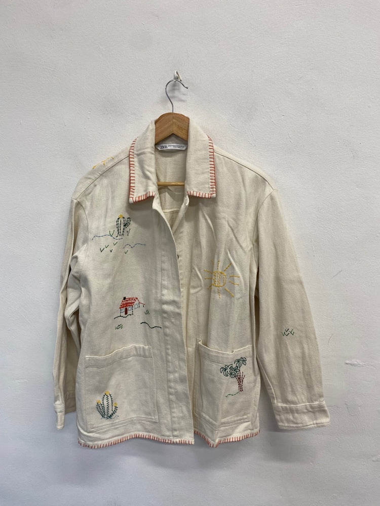 Fabulous Zara Denim Jacket UK S Beige embroidered SH493