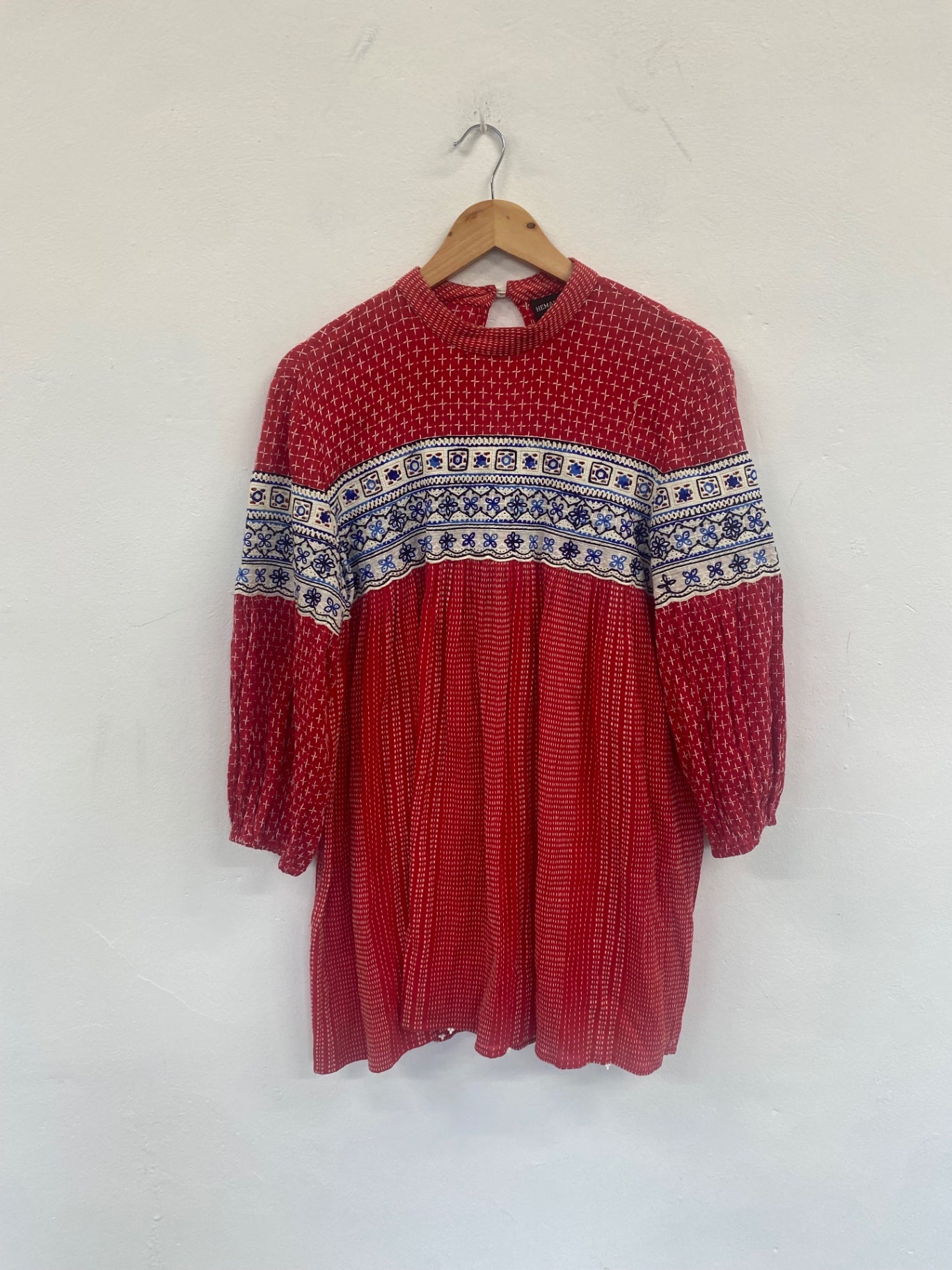 Fabulous Hemant & Nandita smock boho peasant Mini dress UkM Red SH493