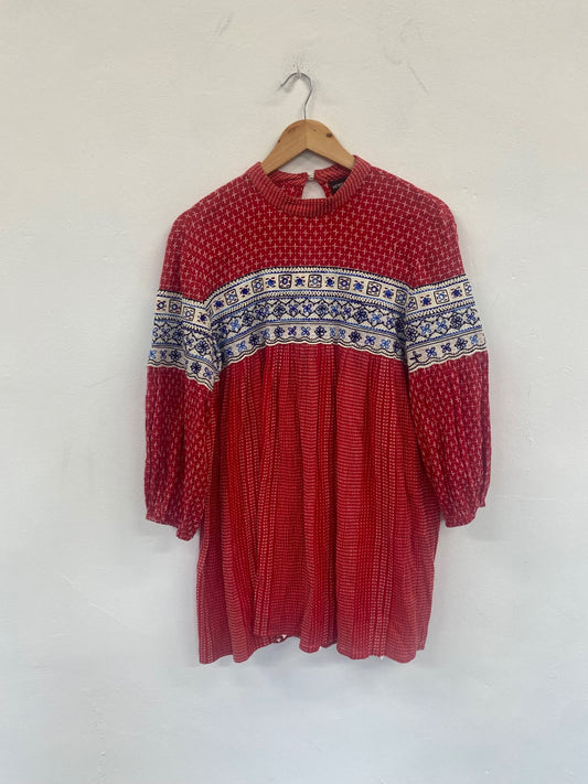 Fabulous Hemant & Nandita smock boho peasant Mini dress UkM Red SH493