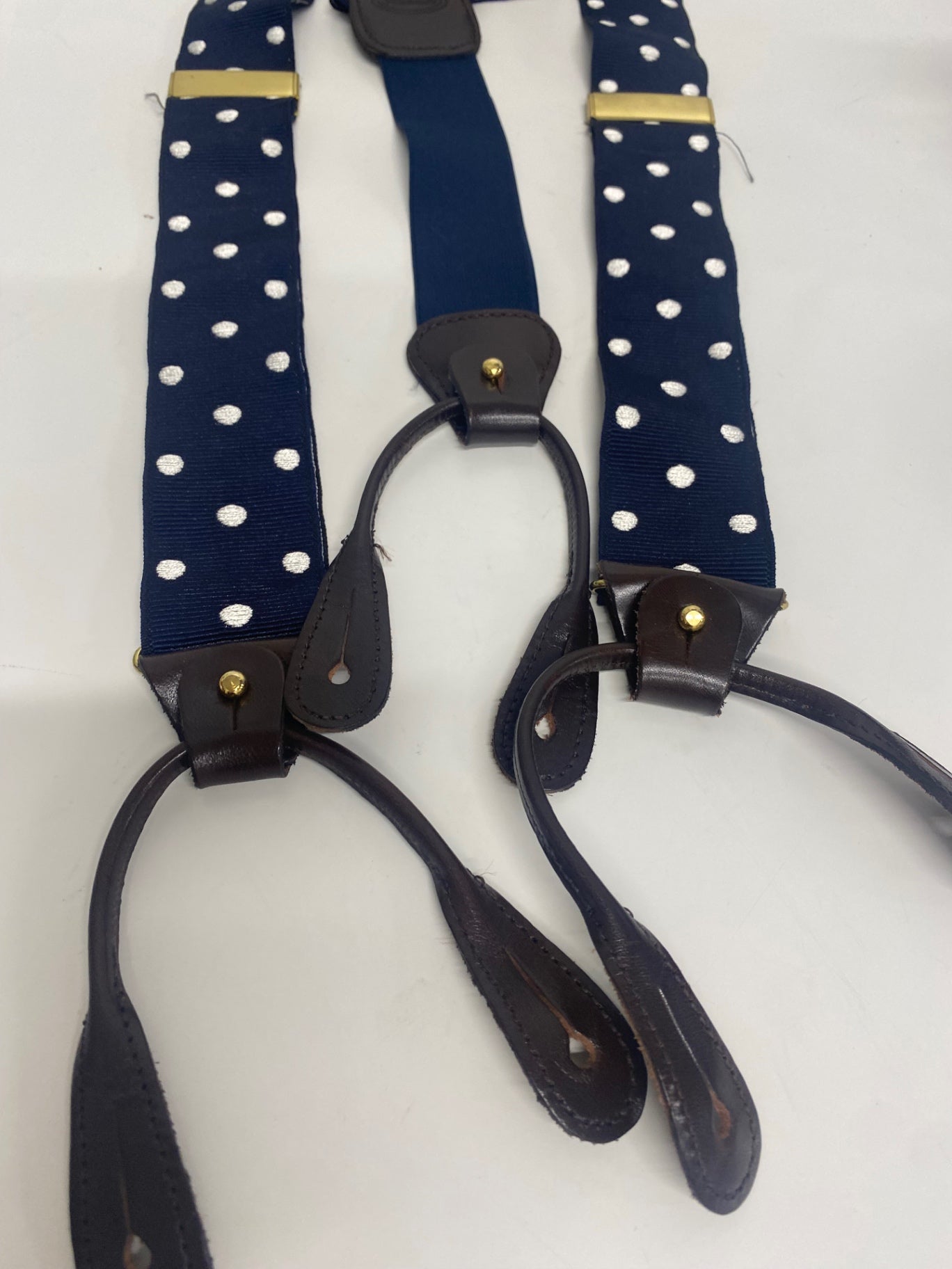 Fabulous Faconnable spotted leather button  Braces One Size Navy SH493