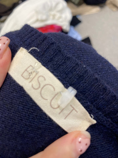 Fabulous Biscuit Sweater cashmere wool UK 12 Navy green elbow patch SH493