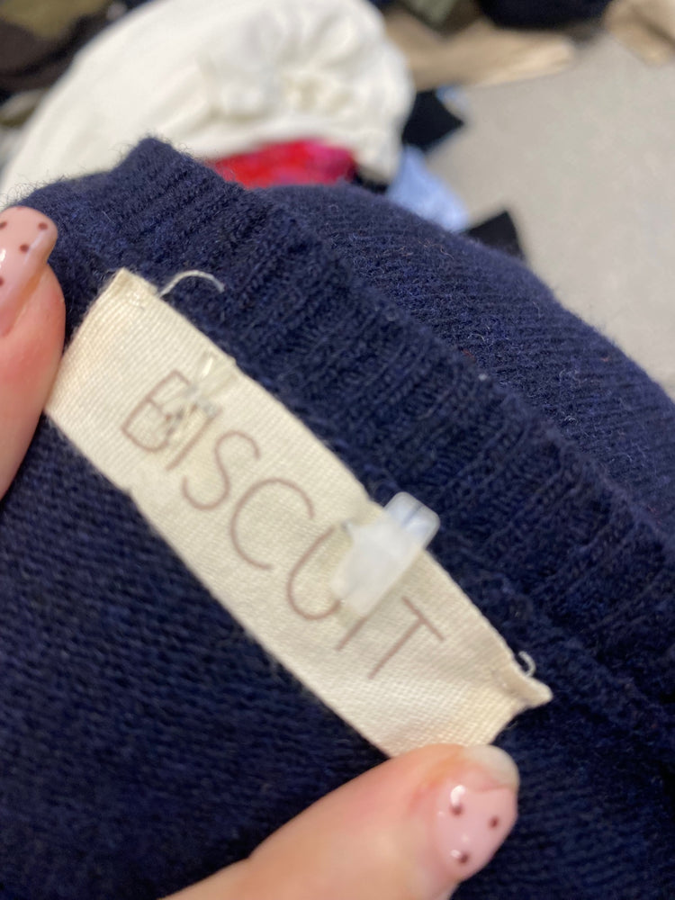 Fabulous Biscuit Sweater cashmere wool UK 12 Navy green elbow patch SH493