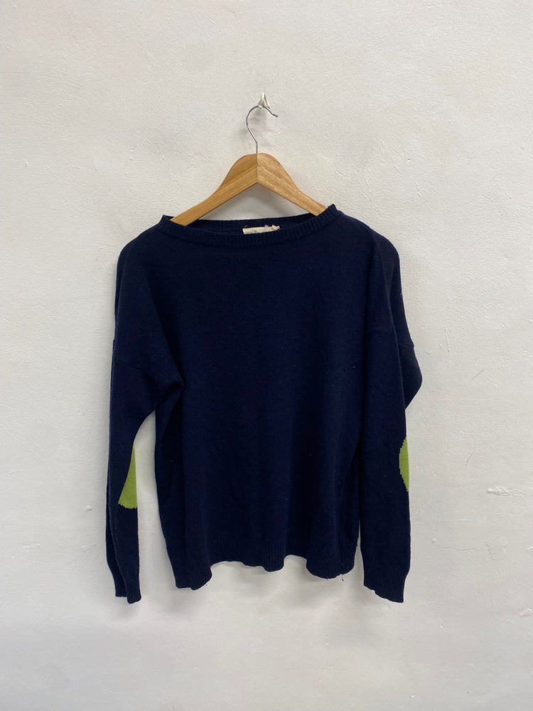 Fabulous Biscuit Sweater cashmere wool UK 12 Navy green elbow patch SH493