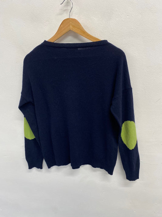 Fabulous Biscuit Sweater cashmere wool UK 12 Navy green elbow patch SH493