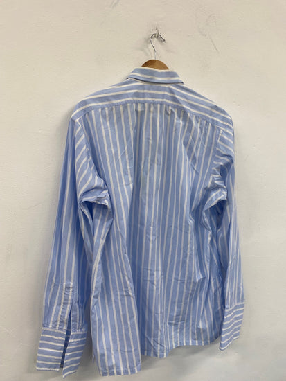 Fabulous Charvet French double cuff Dress Shirt XL 17.5” collar Blue &white striped SH493