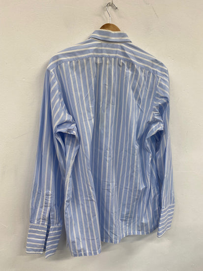 Fabulous Charvet French double cuff Dress Shirt XL 17.5” collar Blue &white striped SH493