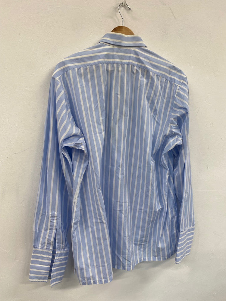 Fabulous Charvet French double cuff Dress Shirt XL 17.5” collar Blue &white striped SH493