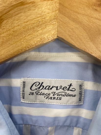 Fabulous Charvet French double cuff Dress Shirt XL 17.5” collar Blue &white striped SH493