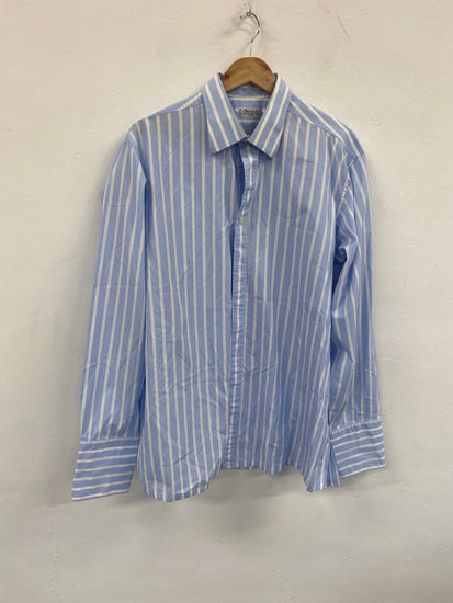 Fabulous Charvet French double cuff Dress Shirt XL 17.5” collar Blue &white striped SH493