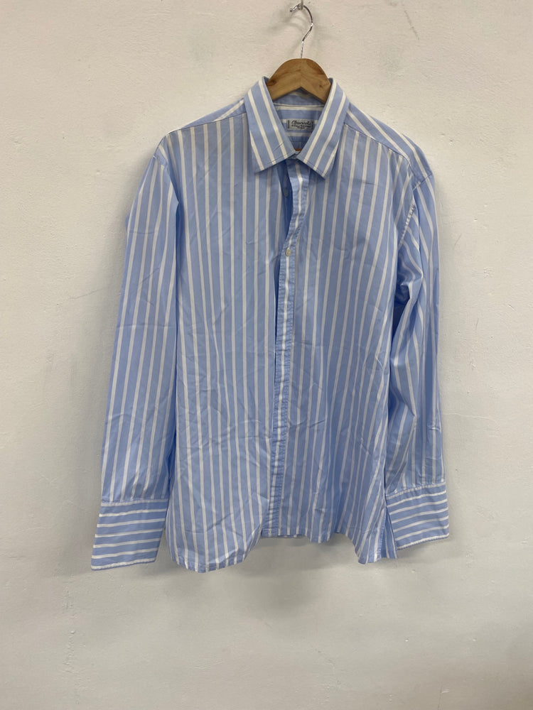 Fabulous Charvet French double cuff Dress Shirt XL 17.5” collar Blue &white striped SH493