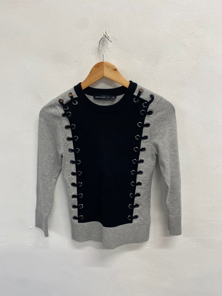 Fabulous Karen Millen Sweater UK 8 Gray and Black eyelet NF494