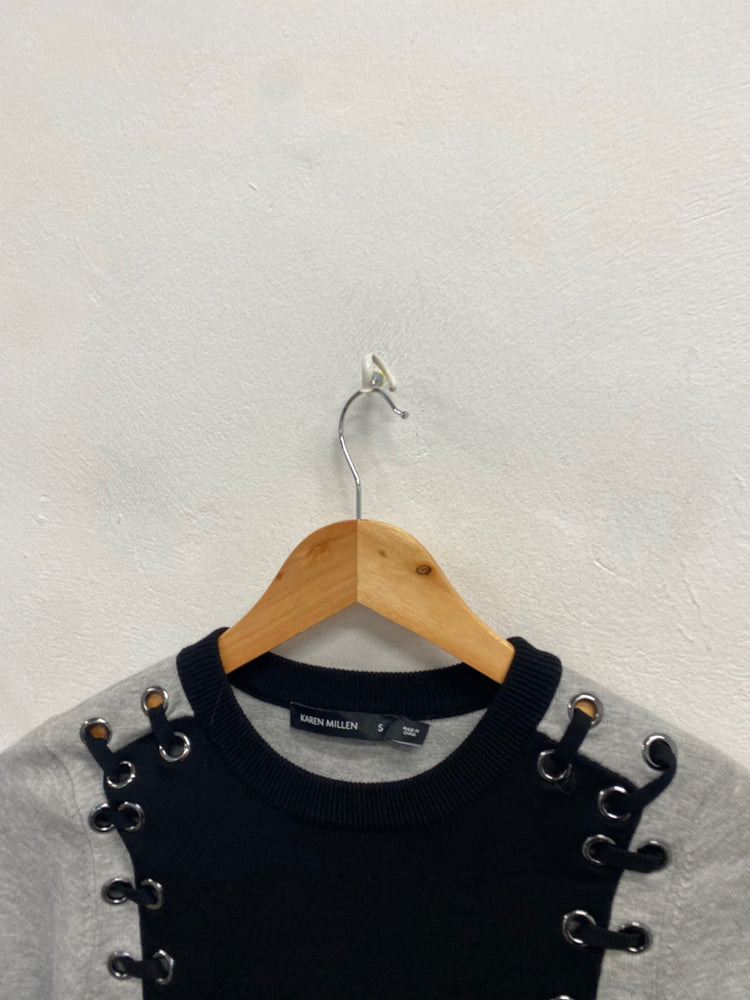 Fabulous Karen Millen Sweater UK 8 Gray and Black eyelet NF494