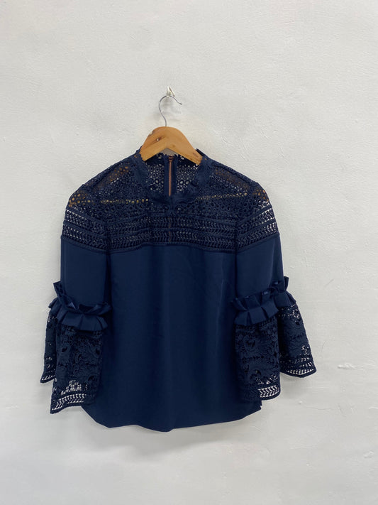 Fabulous Ted Baker Blouse UK 10 Navy blue Lace broderie NF494