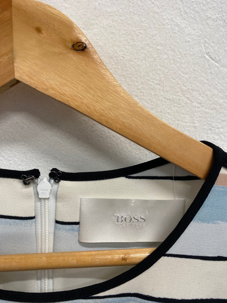 Fabulous Hugo Boss Mini dress UK 10 Blue beige stripe office NF494